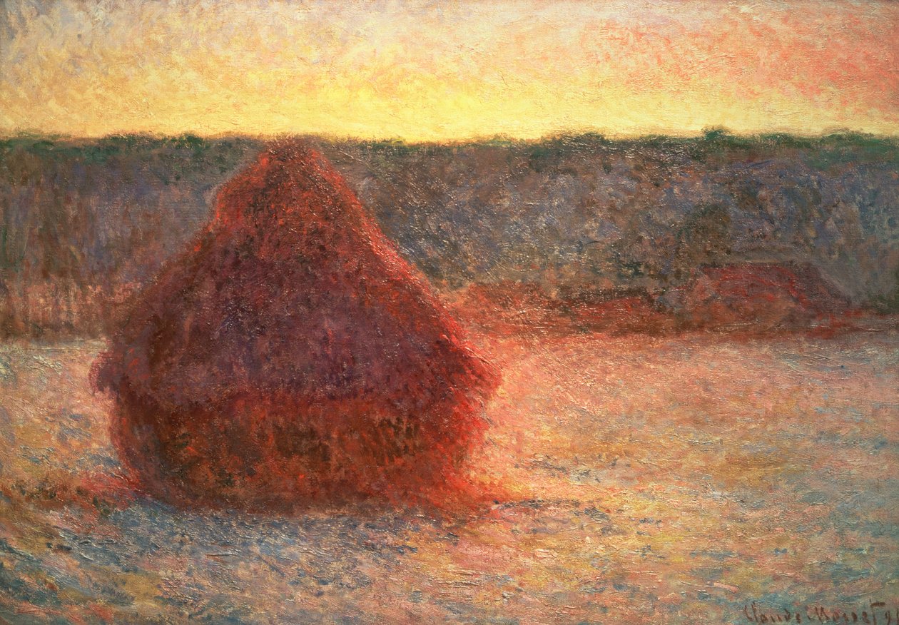 Hooibergen bij Zonsondergang, Vriesweer, 1891 door Claude Monet