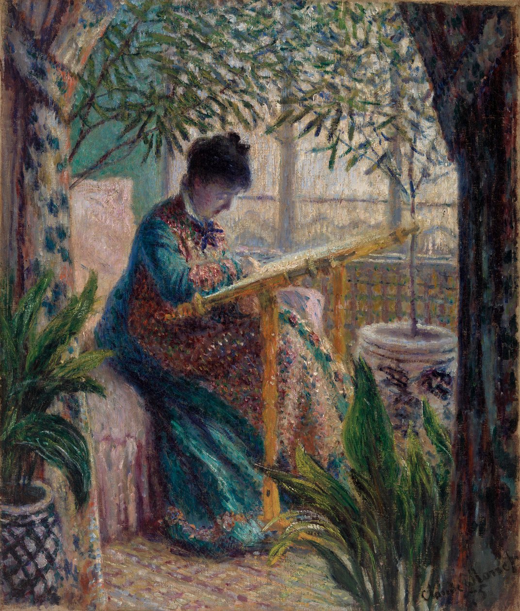 Madame Monet borduurt door Claude Monet