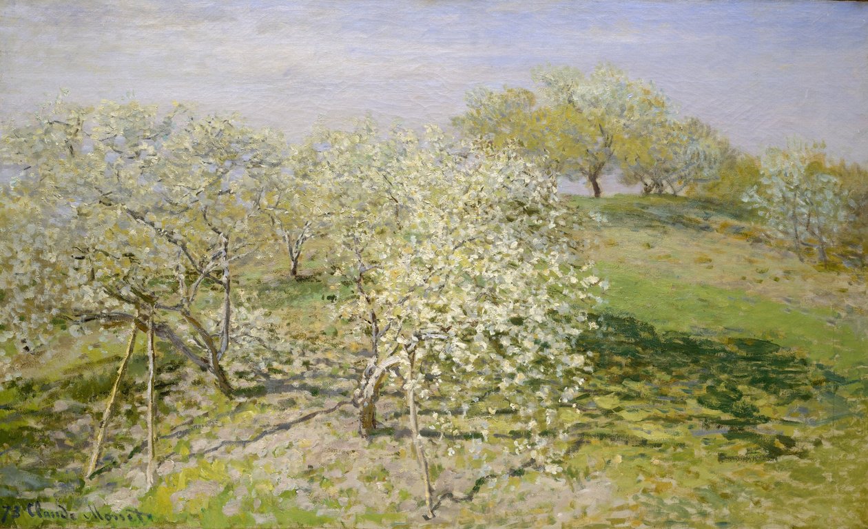 Lente (bloeiende fruitbomen), 1873 door Claude Monet