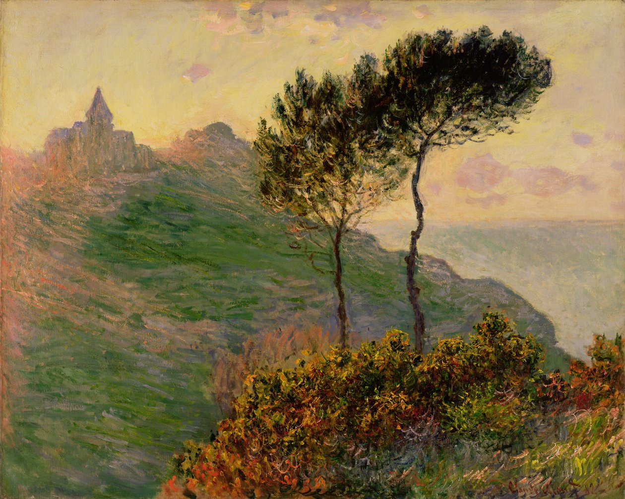 De kerk in Varengeville, tegen het zonlicht door Claude Monet