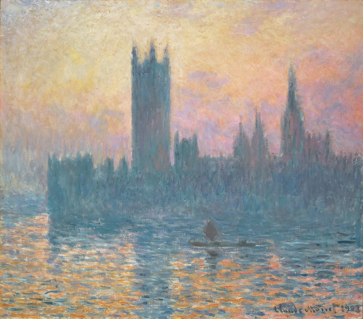 Het Parlement, zonsondergang door Claude Monet