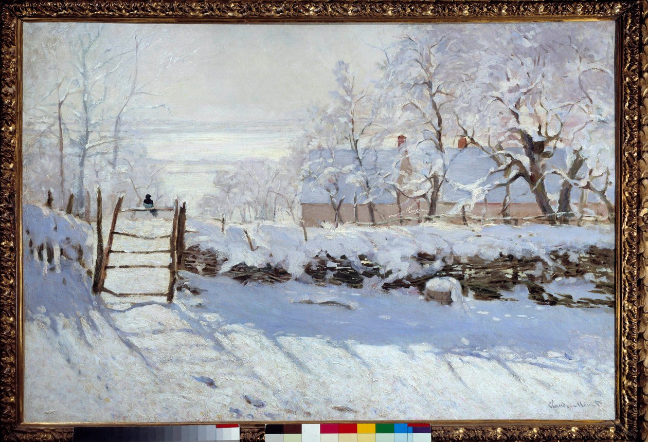 De Ekster (een met sneeuw bedekt landschap, Etretat) door Claude Monet