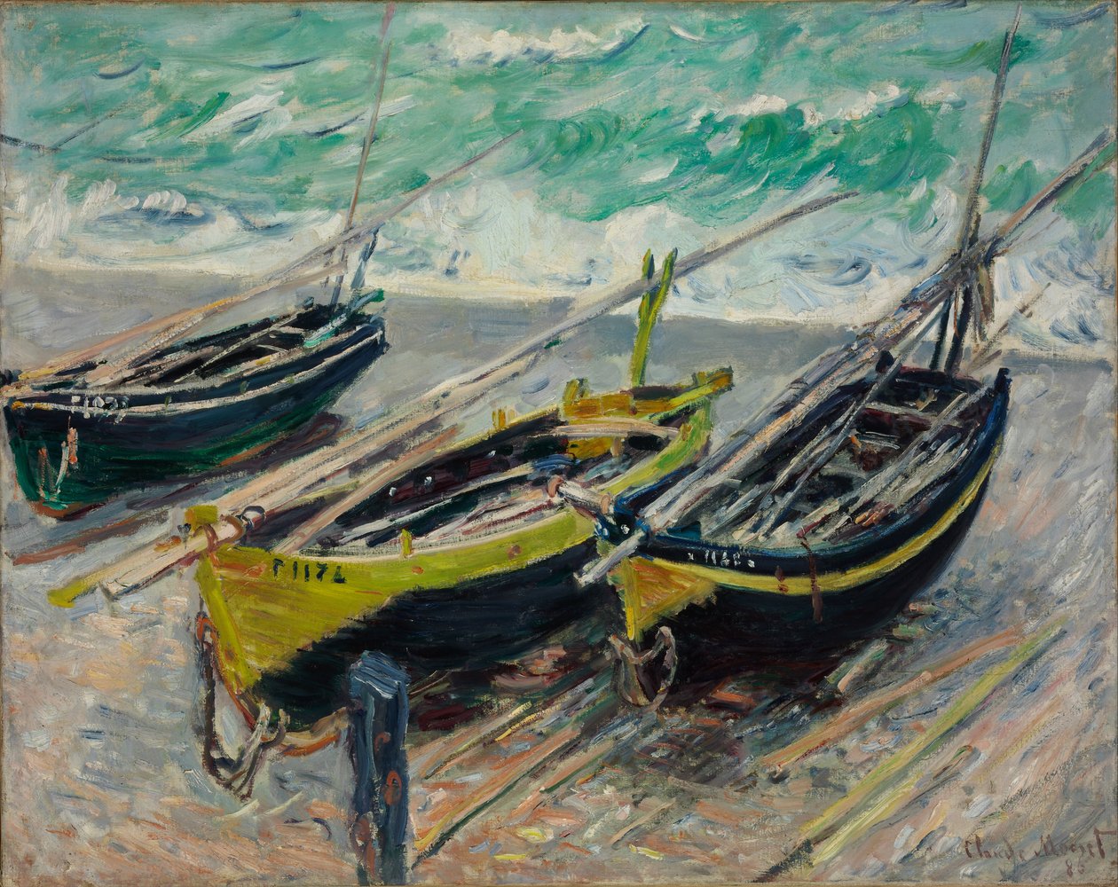Drie vissersboten door Claude Monet
