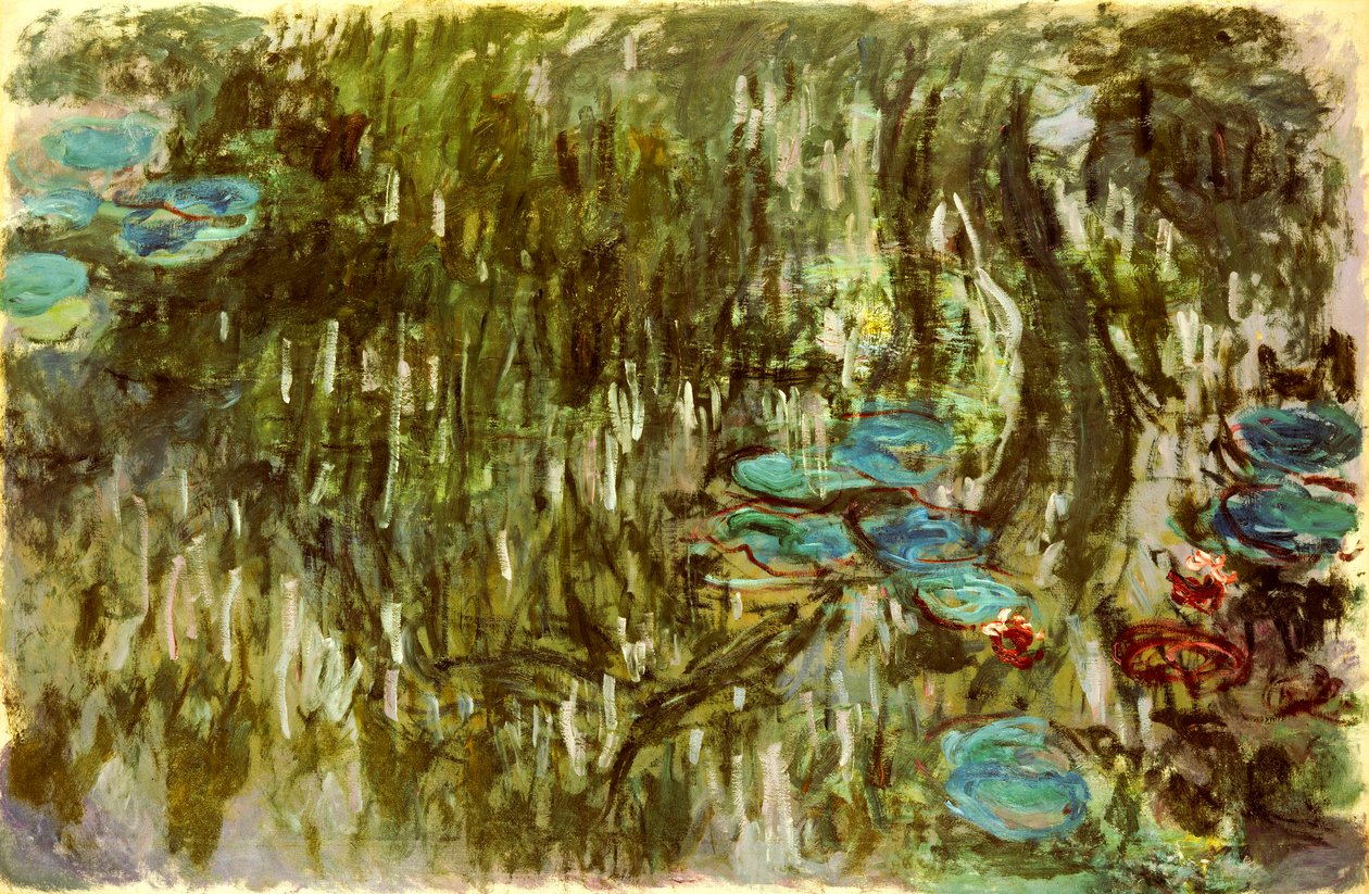 Waterlelies, Weerspiegelde Wilg, ca. 1920 door Claude Monet