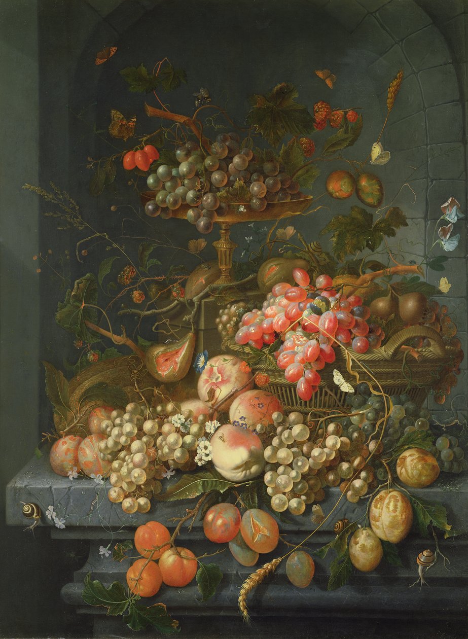 Stilleven van fruit op een richel door Coenraet Roepel