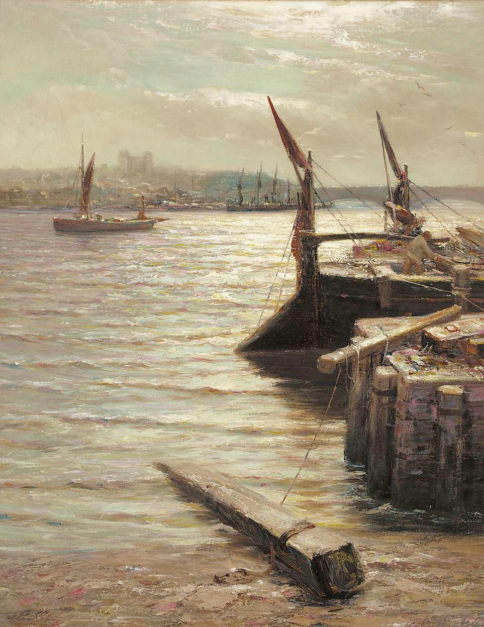 Aken afgemeerd aan de rivier door Colin Hunter