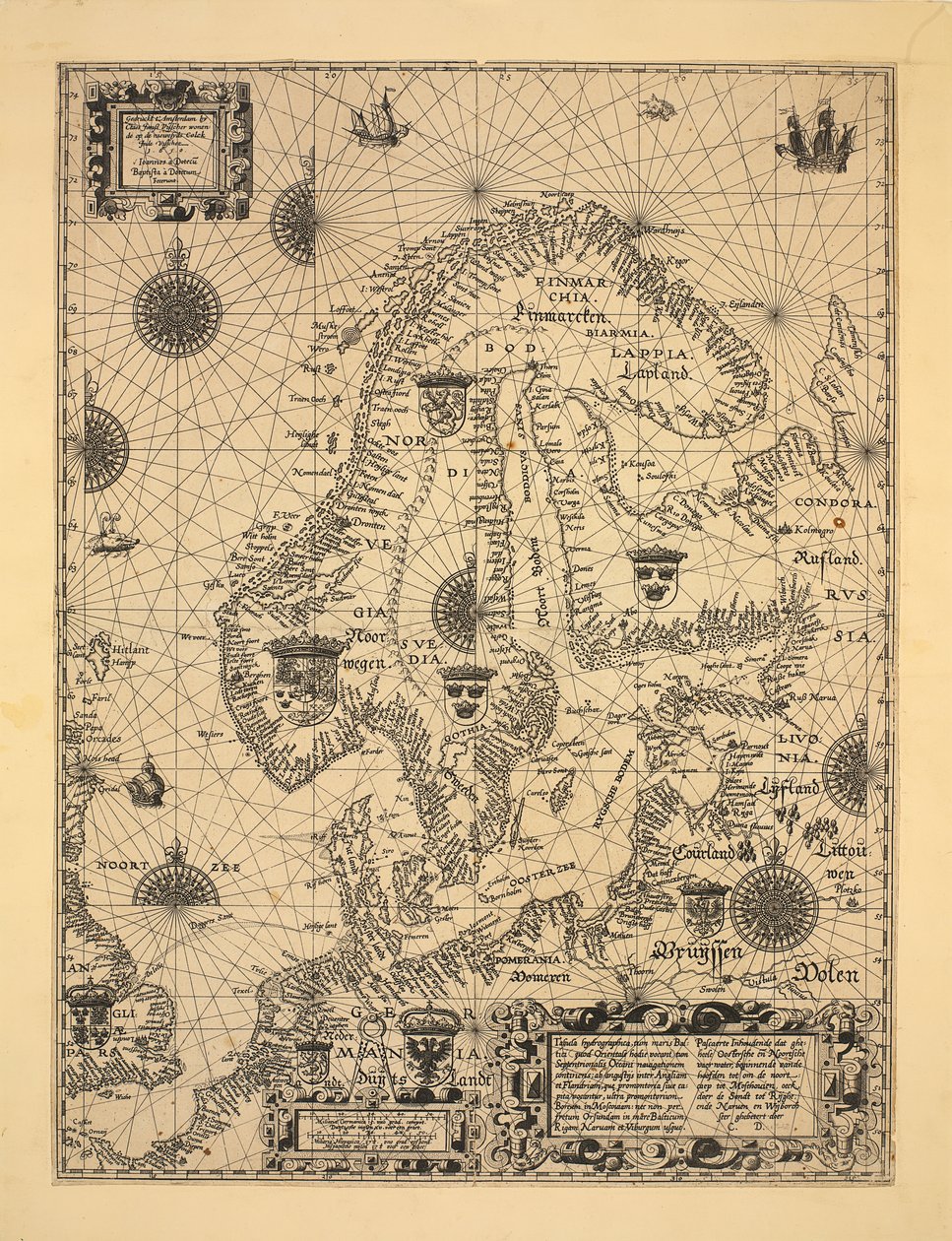 Kaart uitgegeven in Amsterdam (1610) en toont Scandinavië, Noorwegen door Cornelis Doedsz