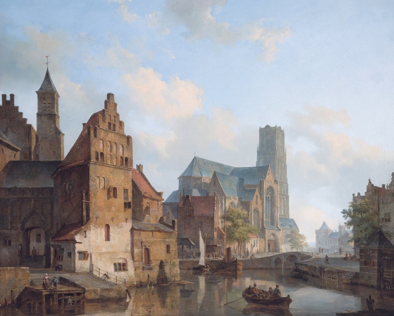 Een uitzicht op de Delftse Vaart en de Sint-Laurenskerk, Rotterdam door Cornelis Springer