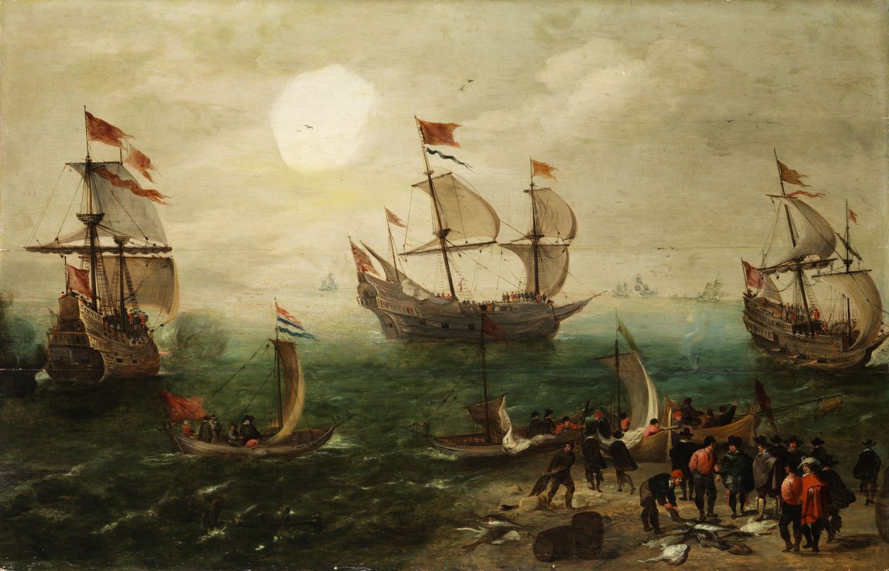 Marinestuk met drie grote zeilschepen door Pieter Cornelisz. Verbeeck
