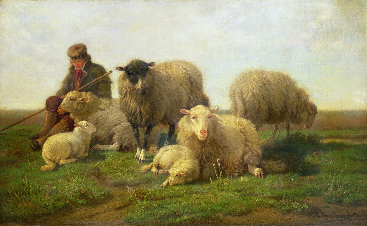 Een herder met schapen en lammeren door Cornelis van Leemputten