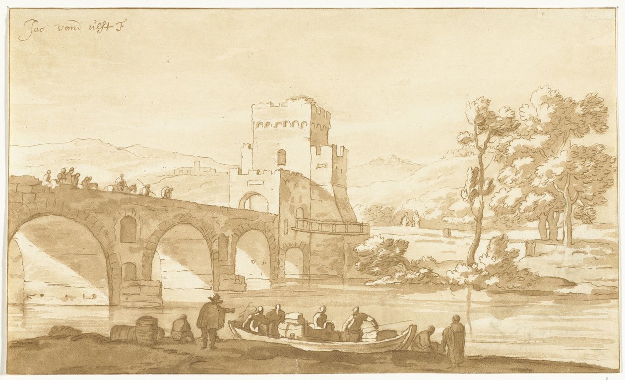 Ponte Molle bij Rome door Cornelis Brouwer