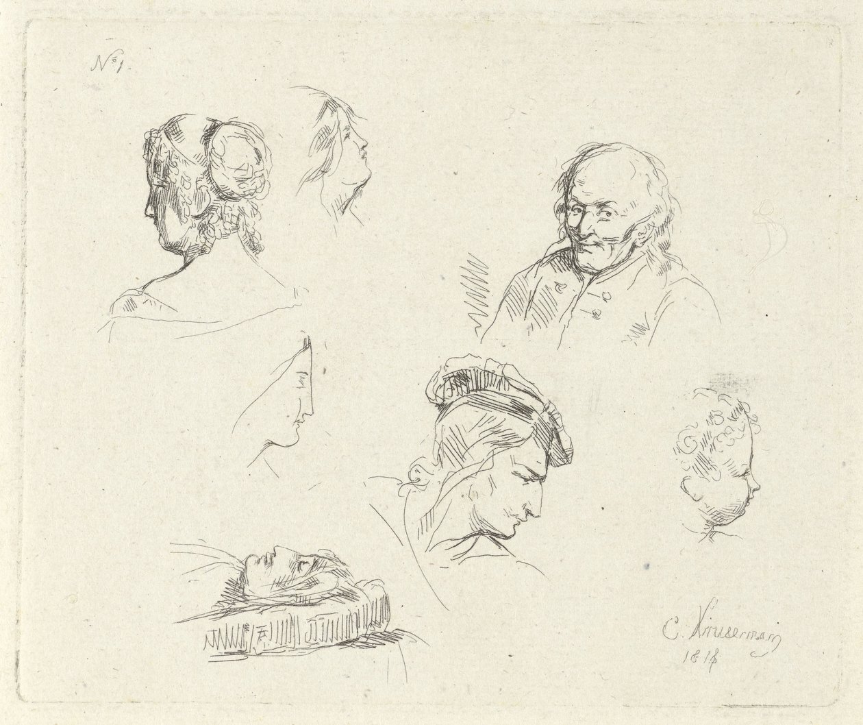 Studieblad met verschillende koppen door Cornelis Kruseman