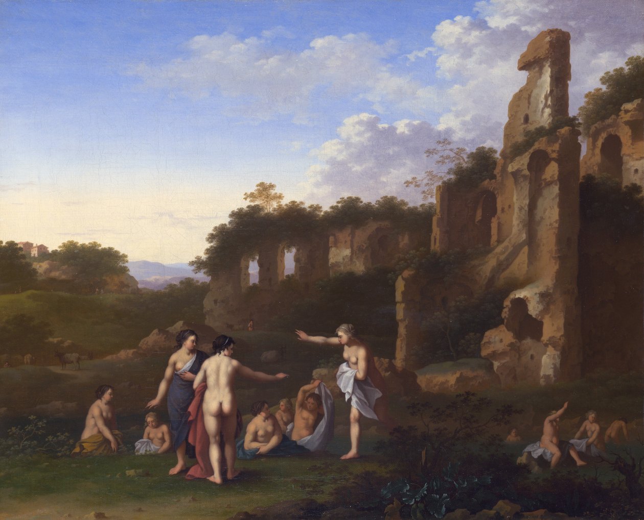 Vrouwen badend in een landschap door Cornelis van Poelenburgh or Poelenburch