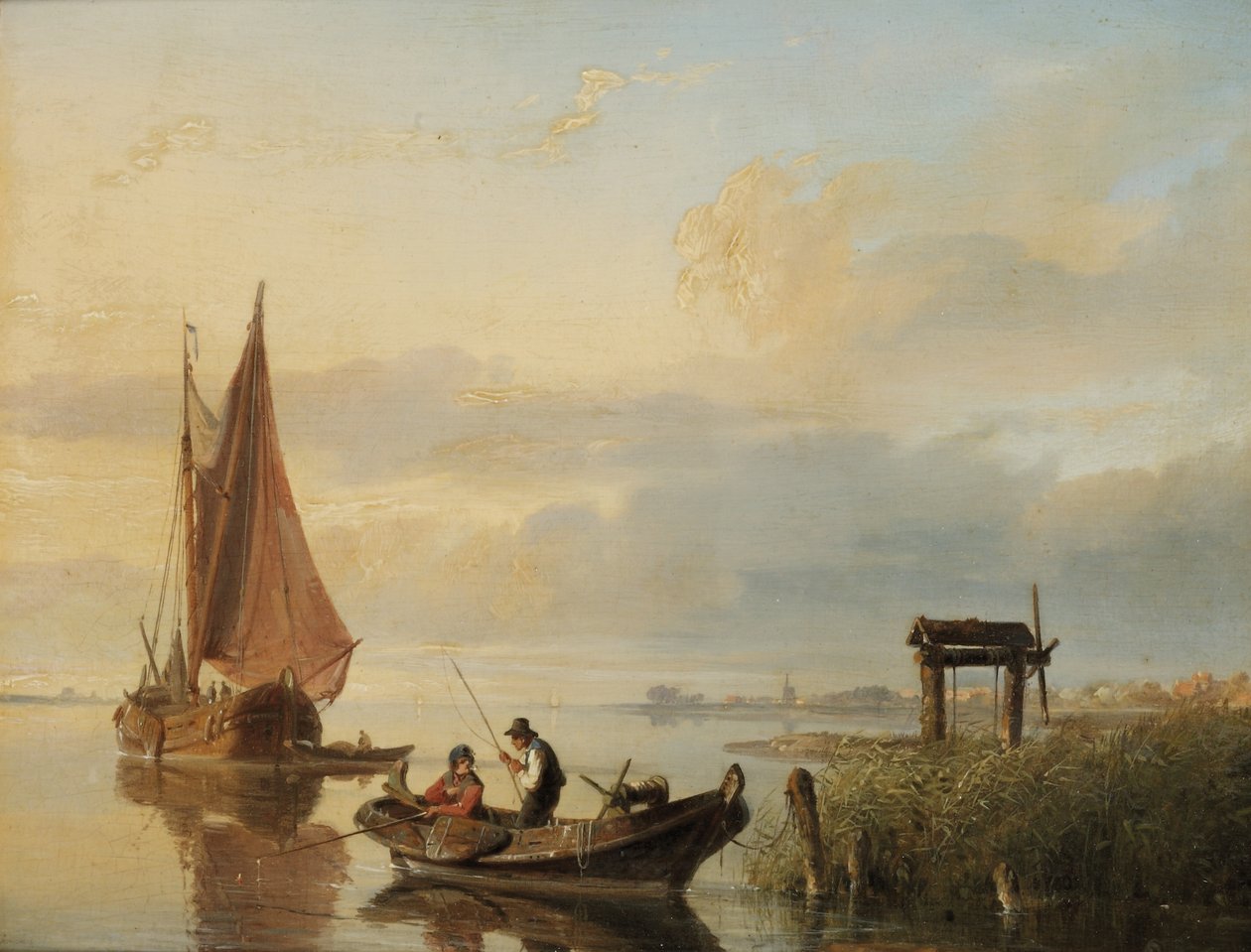Vissersboten bij zonsondergang door Cornelis Springer