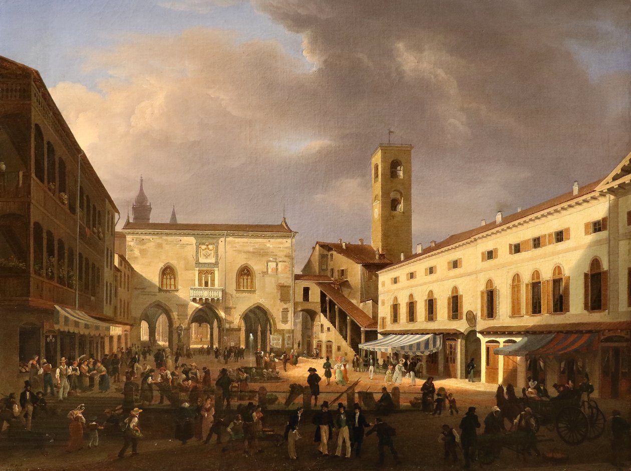 Uitzicht op de Piazza Grande in Bergamo door Costantino Rosa