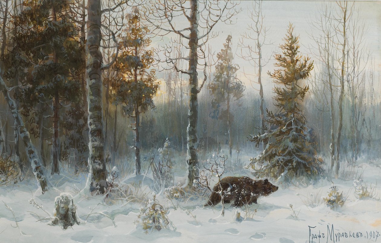 Winterlandschap met beer, 1907 door Count Vladimir Leonidovich Muravyov