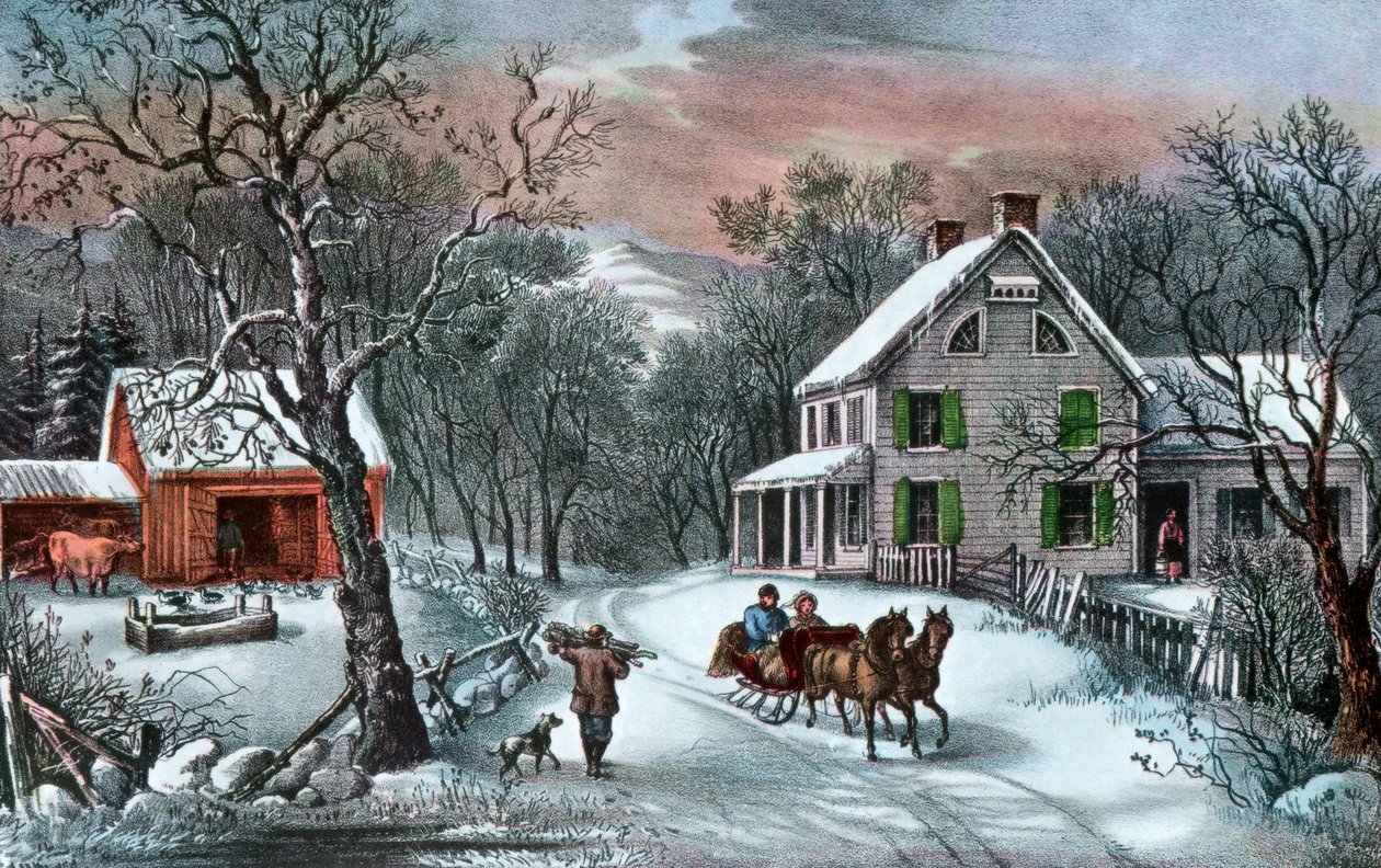 Amerikaanse boerderij in de winter, 1868 door Currier and Ives