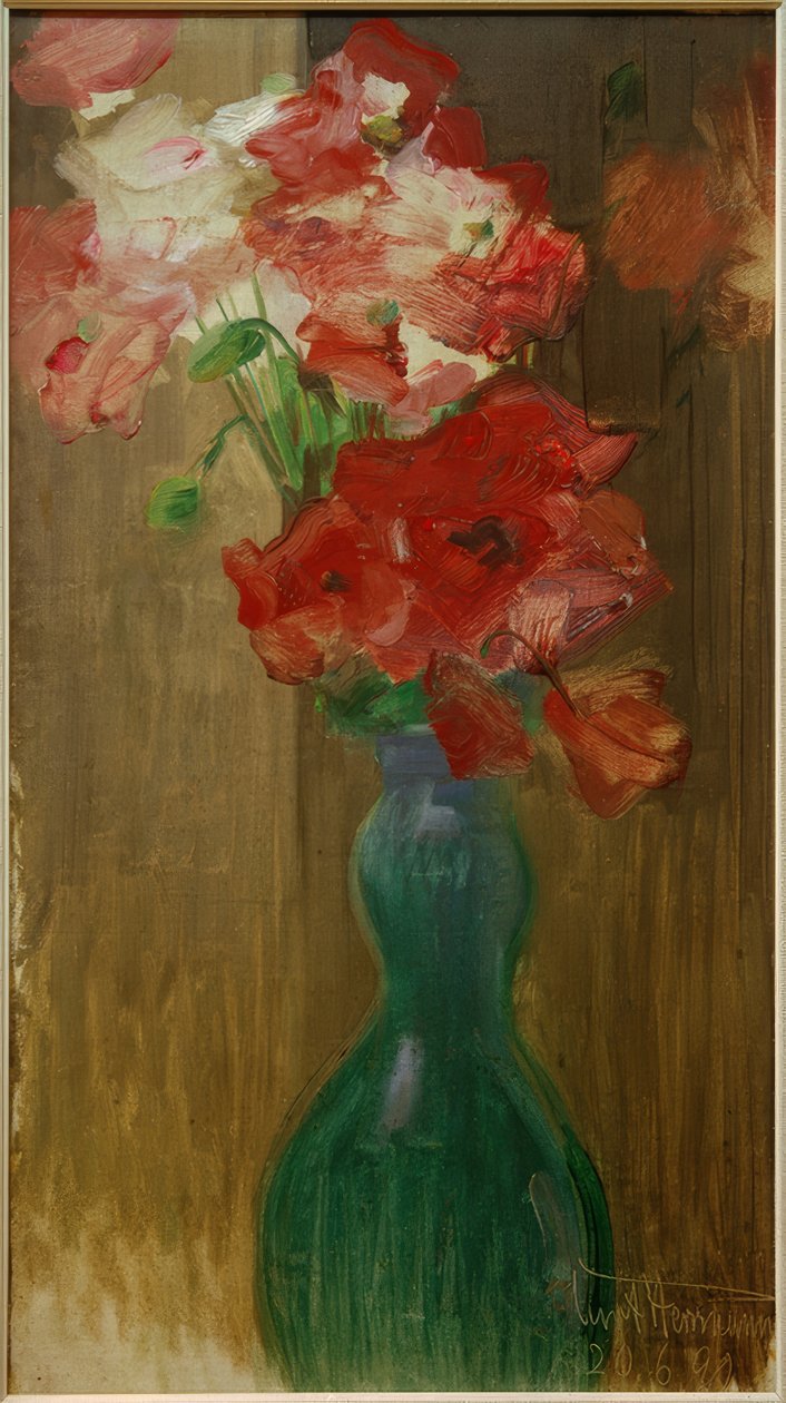 Papaver in dubbelbuikige glazen fles door Curt Herrmann