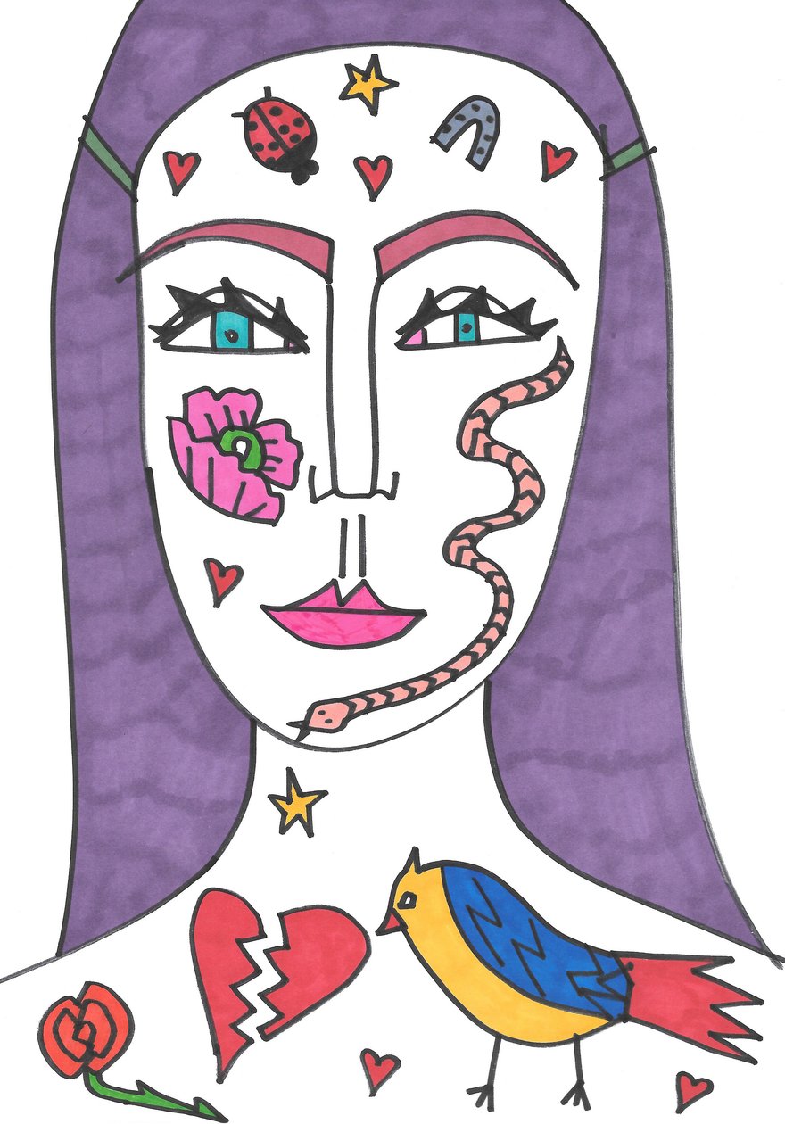 Tattoo gezicht (viltstift op papier) door Daisy de Villeneuve