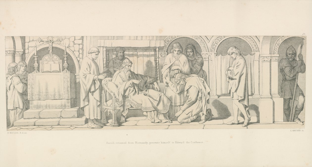 Harold, teruggekeerd uit Normandië, presenteert zich aan Edward de Belijder door Daniel Maclise