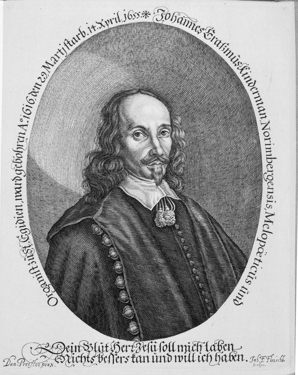 Johannes Erasmus Kindermann, gegraveerd door Johann Friedrich Fleischberger door Daniel Preissler