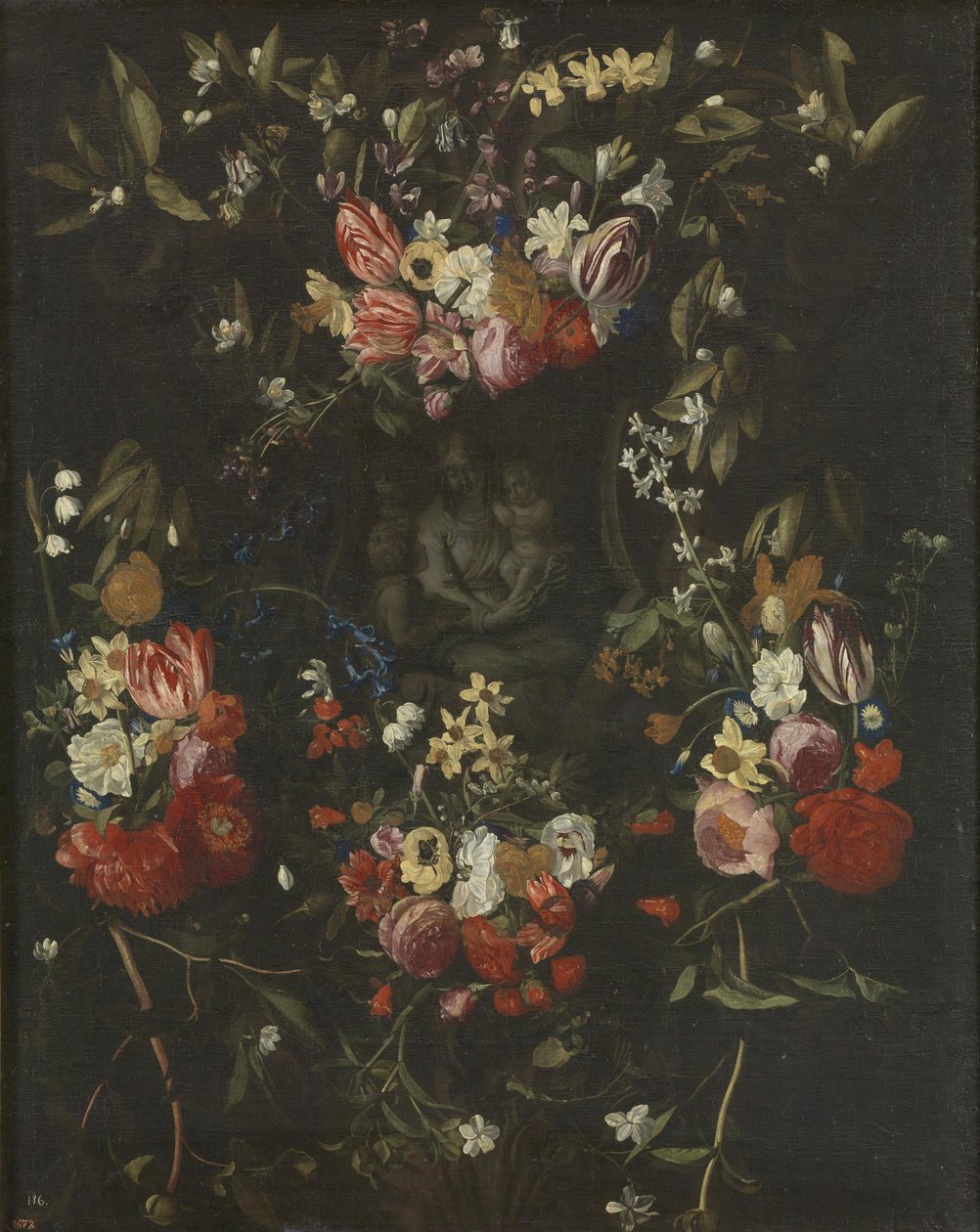 Bloemenguirlande rond de Madonna, het Kind en Johannes de Doper door Daniel Seghers