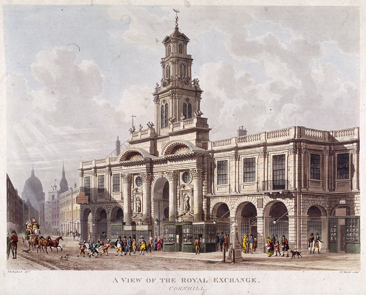 Royal Exchange 2e exterieur, Londen, 1816 door Daniel Havell