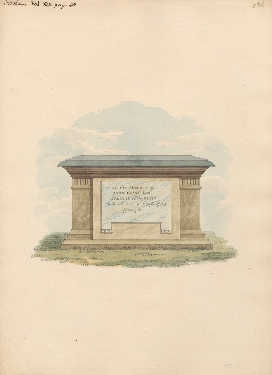Graf van John Evans van Feltham Church door Daniel Lysons