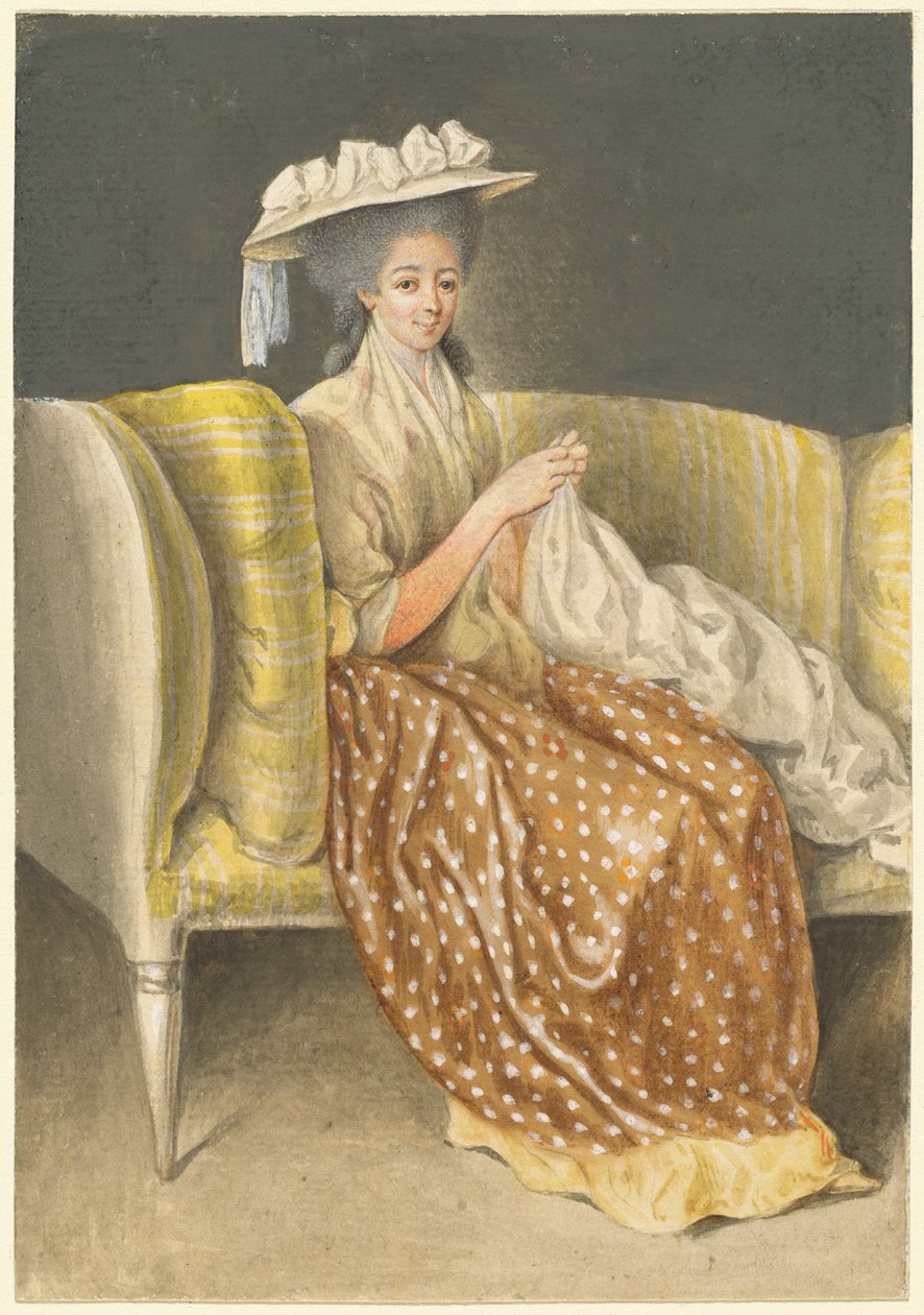 Portret van een dame die naait door Daniel Nikolaus Chodowiecki