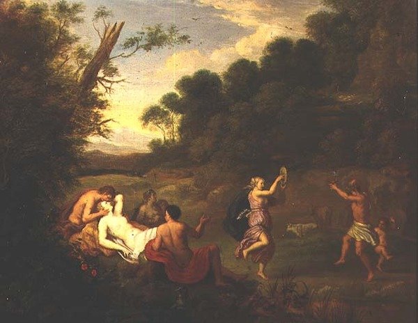 Bacchische revel in een bosrijk landschap door Daniel Vertangen