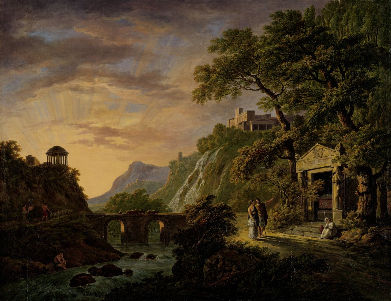 Arcadisch landschap met ondergaande zon door Daniël Dupré