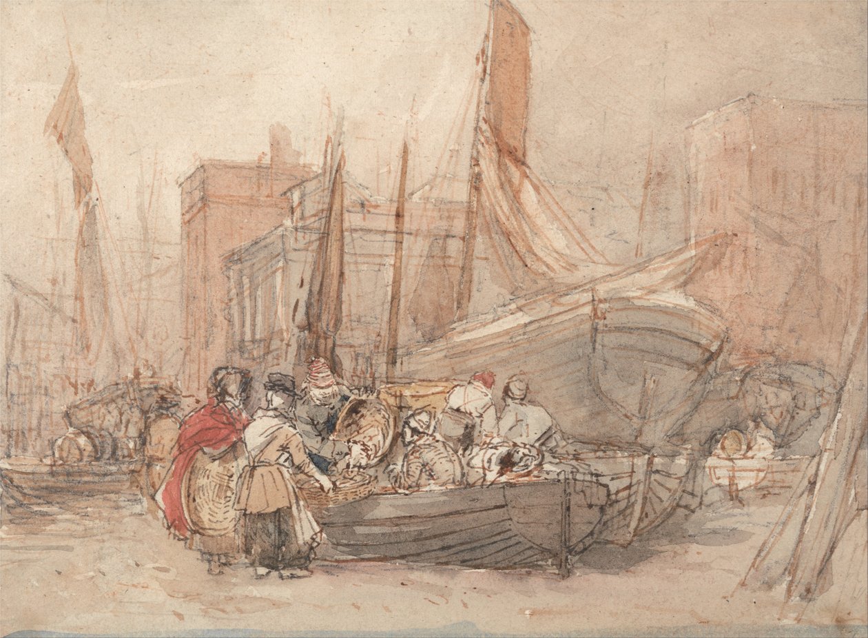Havenscène, Met Vissersboten die Gelost Worden door David Cox