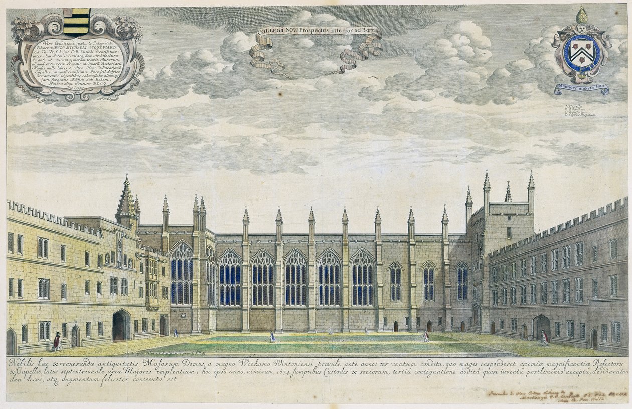 Collegium Novum: verhoogd uitzicht op New College Front Quad vanuit het zuiden, 1675 (gravure met latere handkleuring) door David Loggan