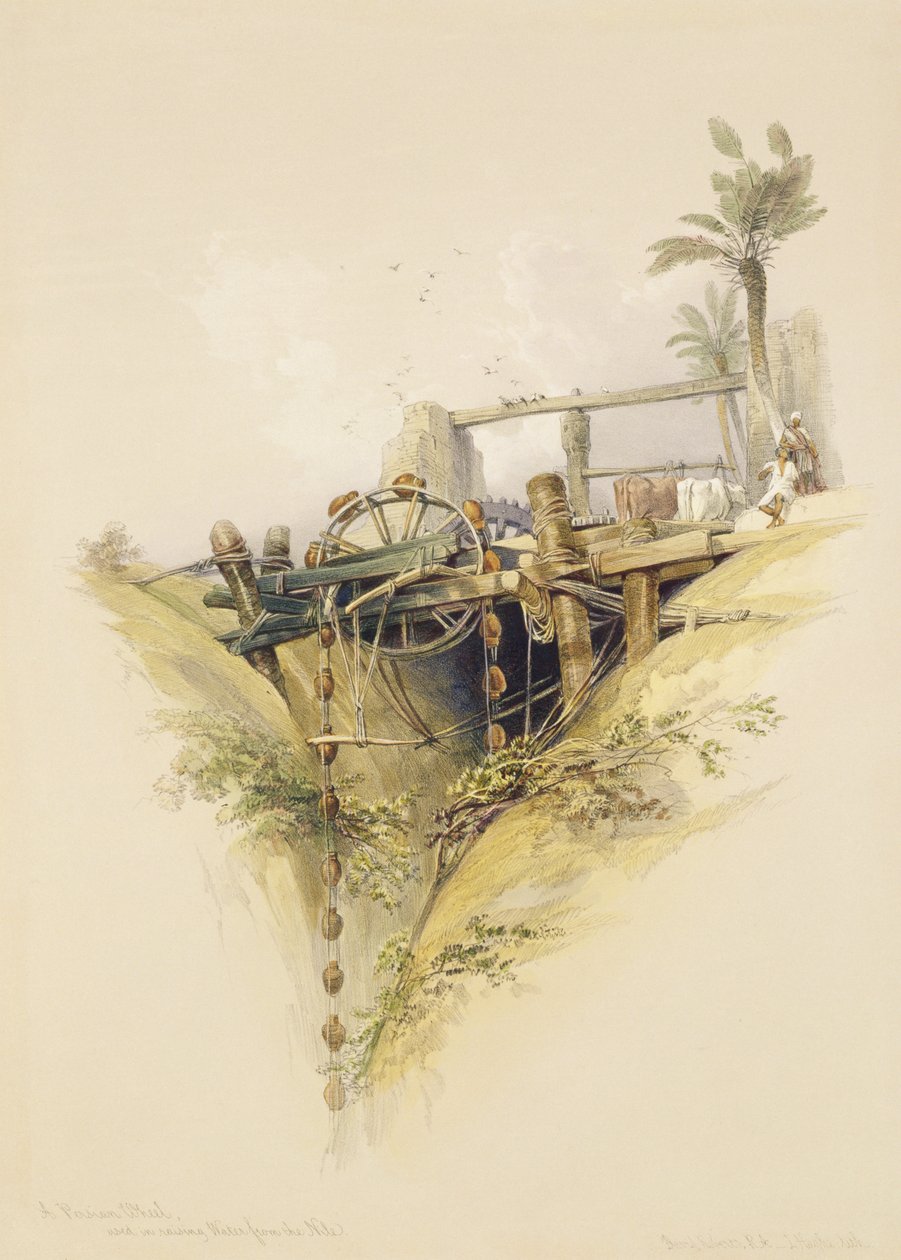 Een Perzisch waterwiel, gebruikt om water uit de Nijl te halen, uit Egypte en Nubië, Vol.1 door David Roberts