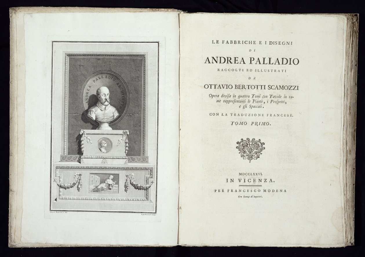 Titelpagina van Le Fabbriche e i Disegni di Andrea Palladio met een portret van de architect, gegraveerd door Simon Francis Ravenet (1737-1821) gepubliceerd 1776 door David Rossi