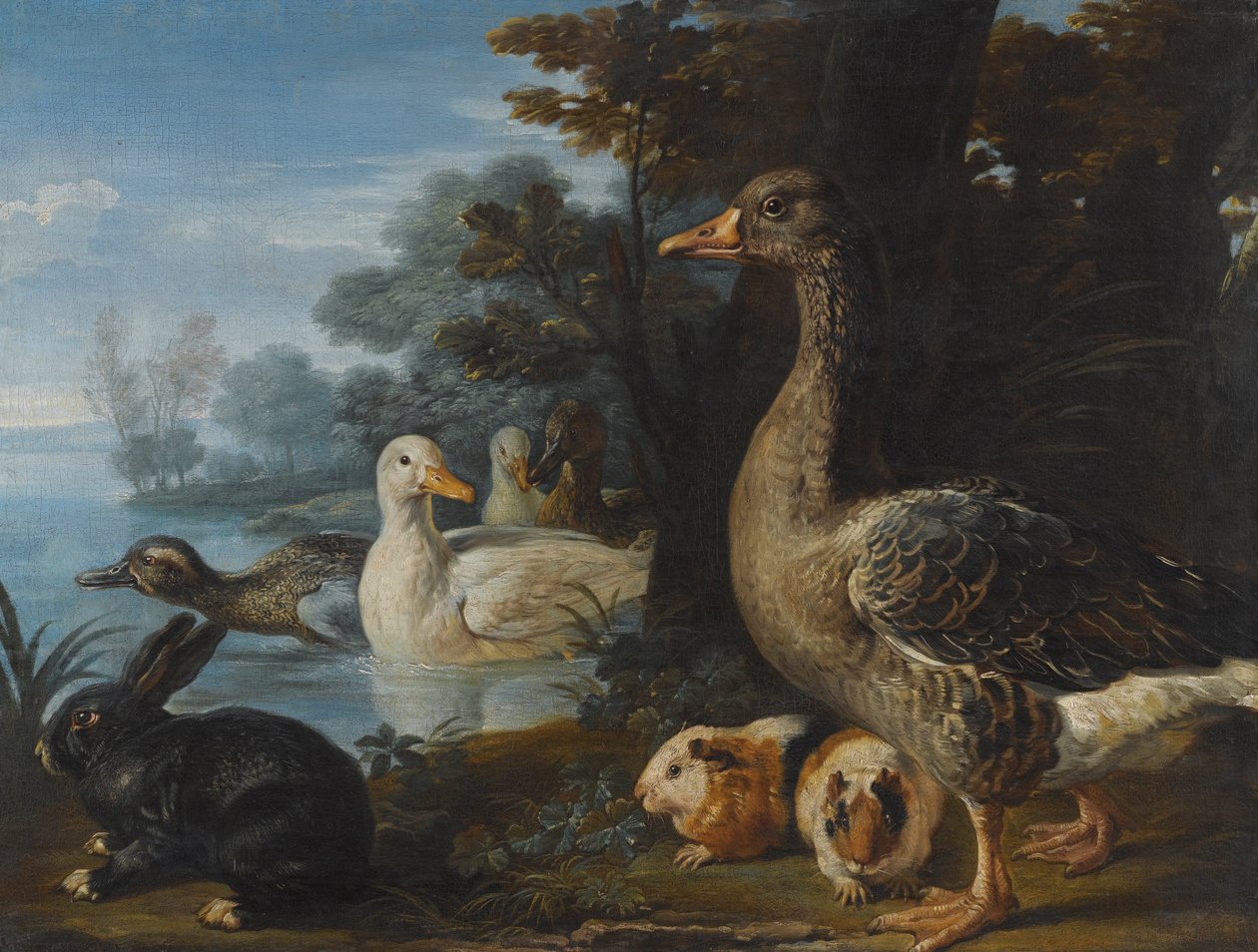 Eenden, een Gans, Cavia en een Konijn in een Bosrijk Landschap bij een Meer door David de Coninck