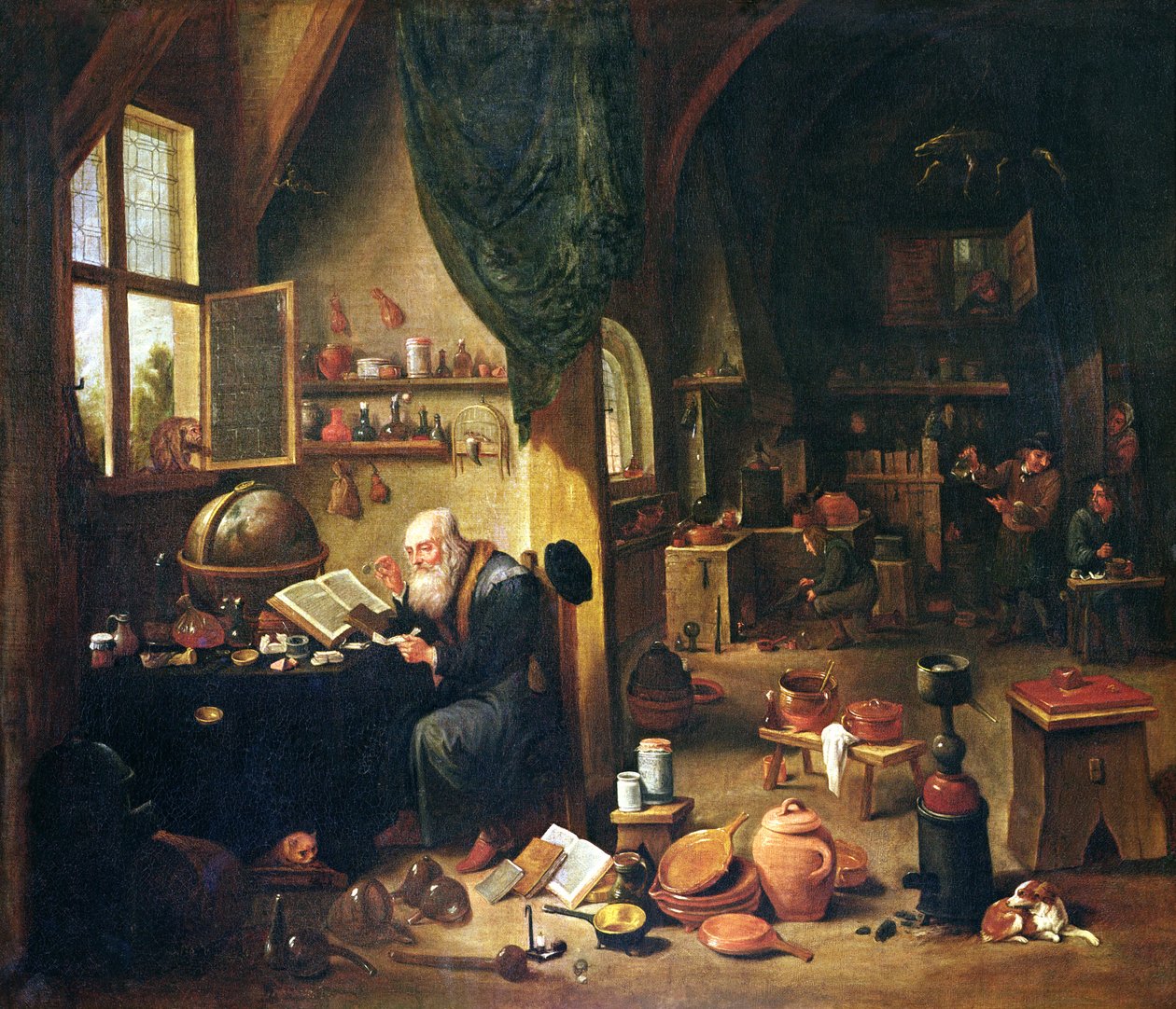 Een alchemist in zijn werkplaats door David Teniers the Younger