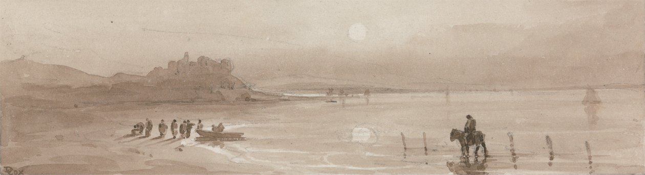 Zeekust, zonsondergang met het kasteel van Harlech door David Cox