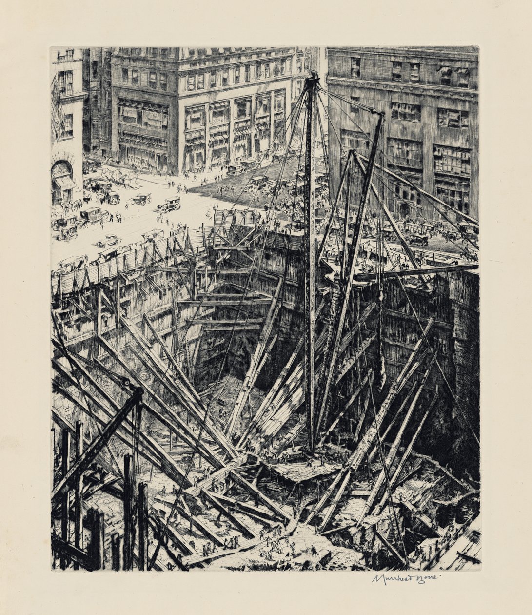 Een opgraving in Manhattan door David Muirhead Bone