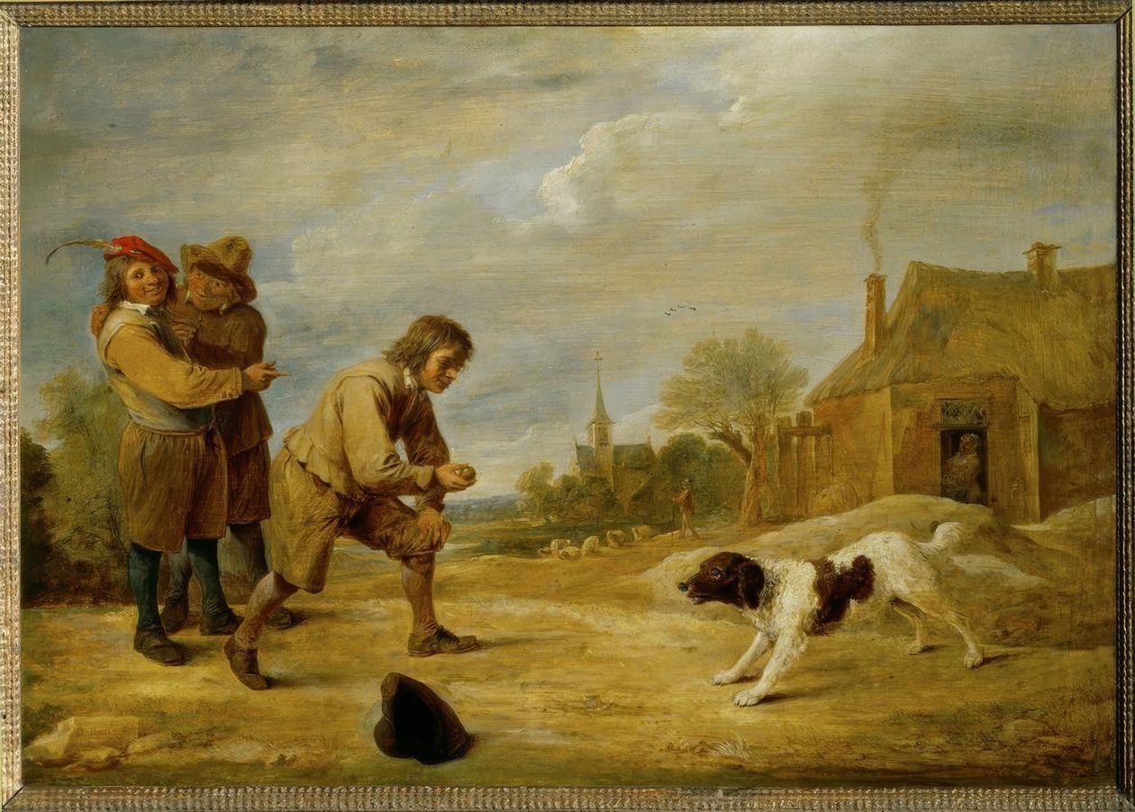 Boerenjongens met een hond door David Teniers the Younger