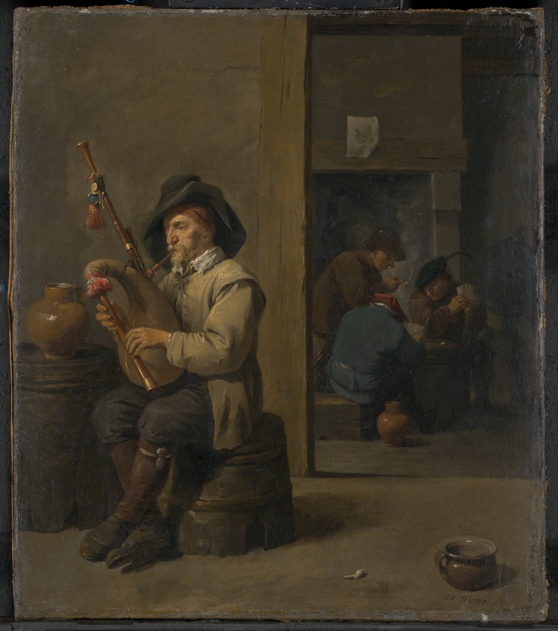 Doedelzakspeler in een herberg door David Teniers the Younger