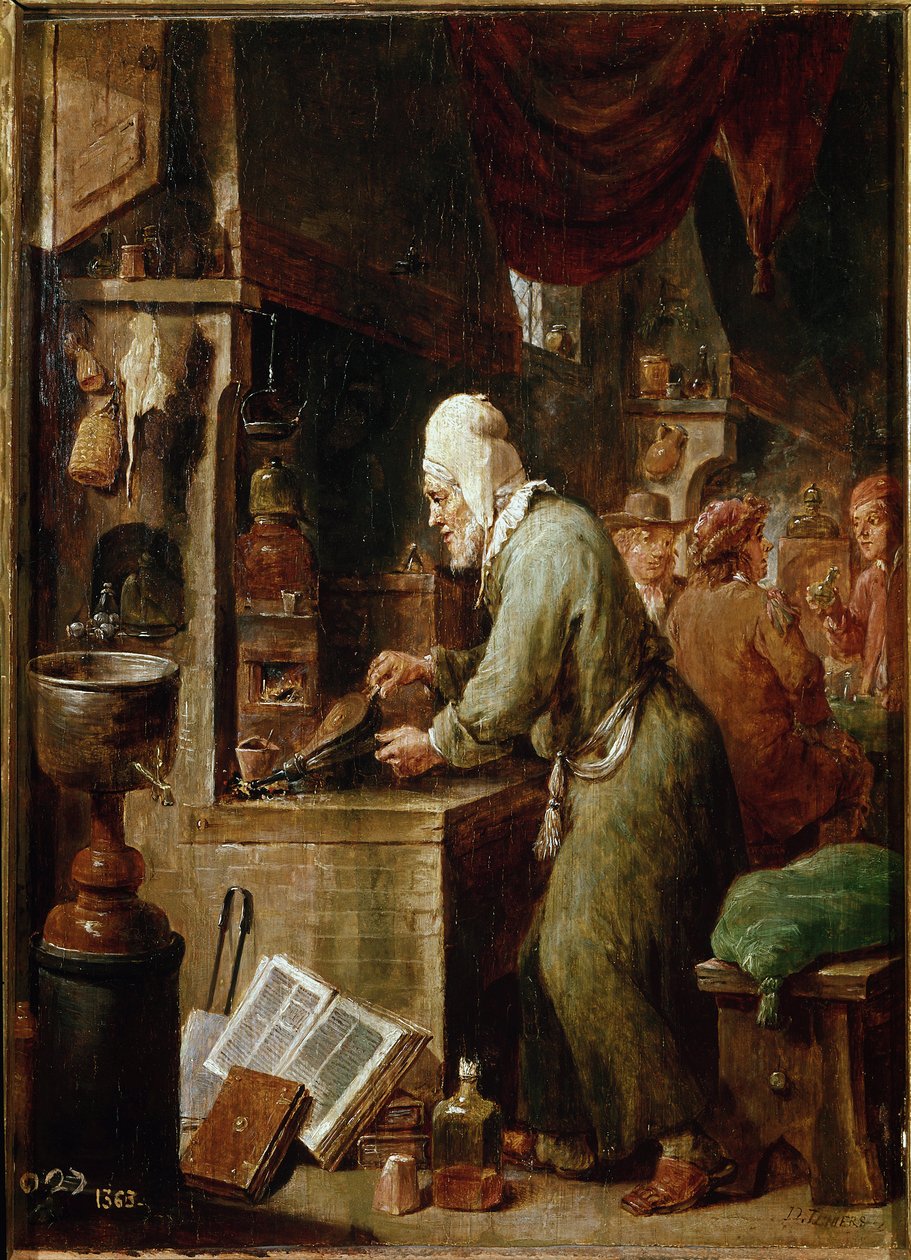 De alchemist (olieverf op paneel) door David Teniers the Younger