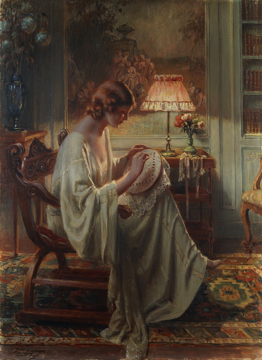 Een Dame die Naait in een Interieur door Delphin Enjolras