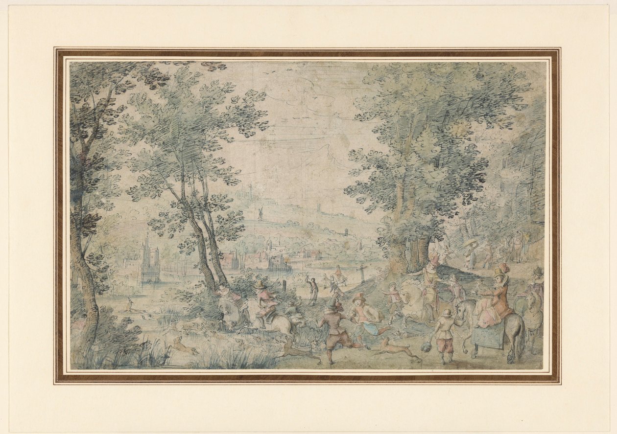 Landschap bij Brussel met hertenjacht door Denis van Alsloot (possibly)