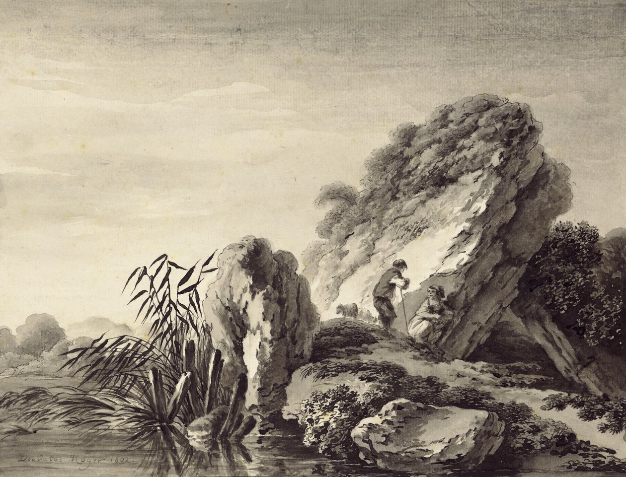 Herdersscène in een zuidelijk landschap door Deodatus de Roger