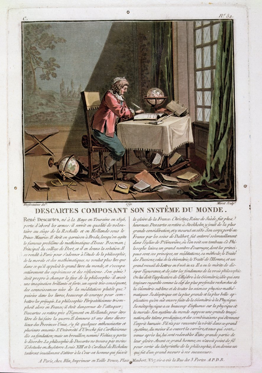 Rene Descartes (1596-1650) schrijft zijn wereldsysteem, gegraveerd door Jean Baptiste Moret, 1791 door Desfontaines