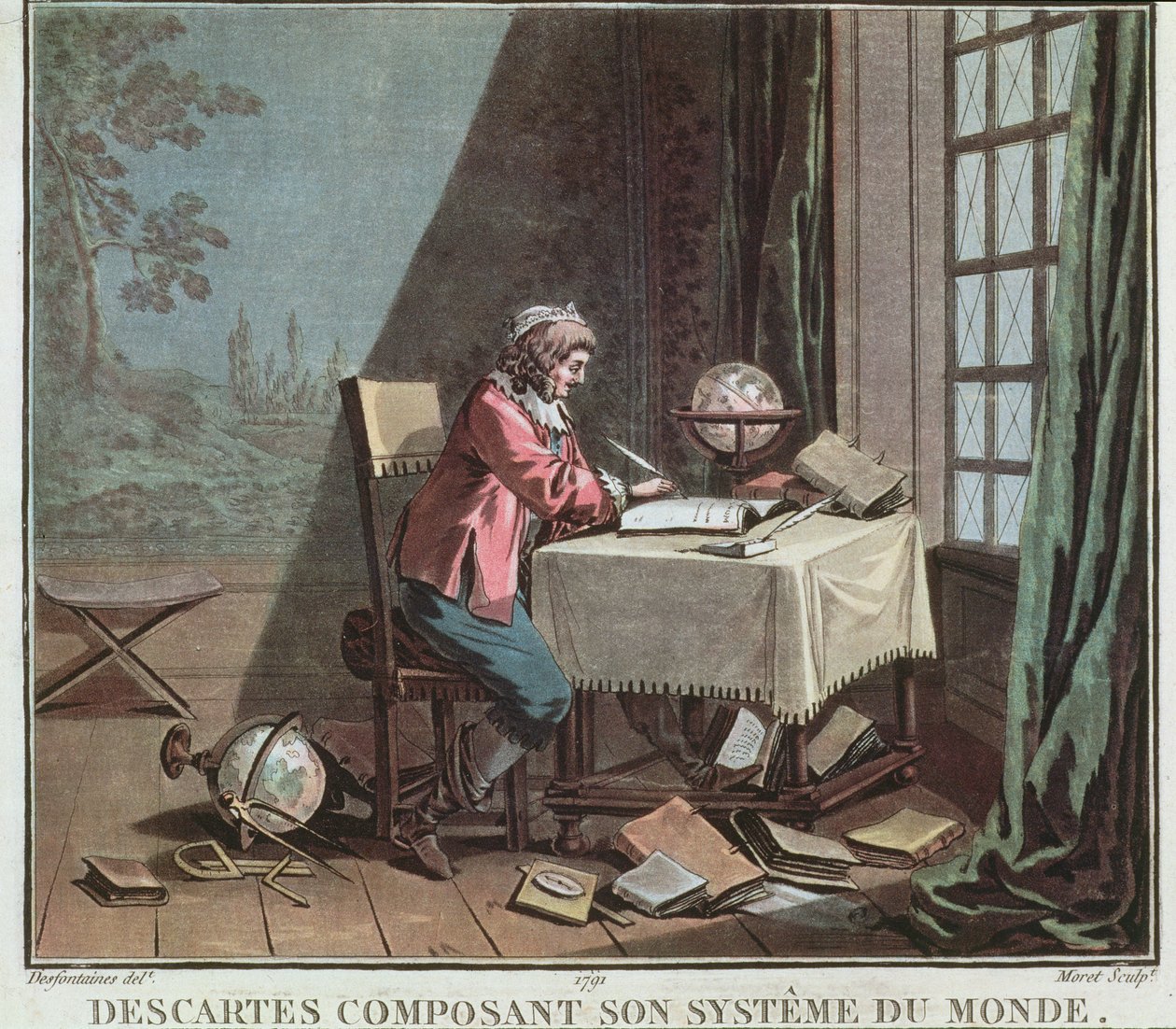 Rene Descartes (1596-1650) schrijft zijn wereldsysteem, gegraveerd door Jean Baptiste Moret, 1791 door Desfontaines