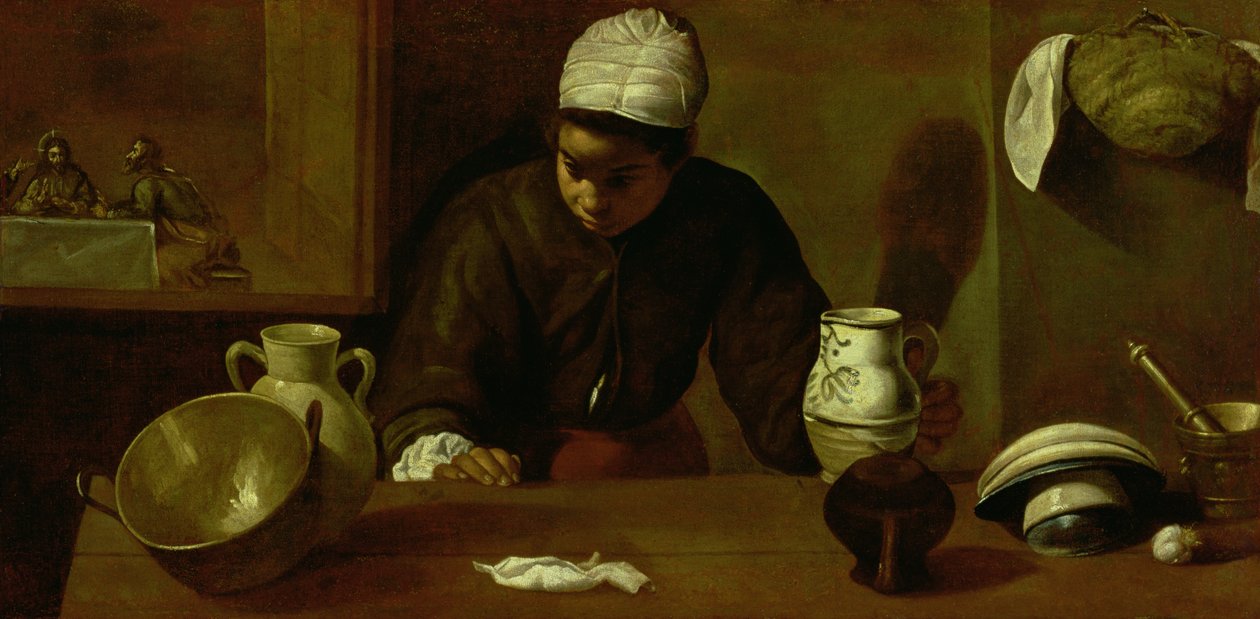 Keukenmeid met het avondmaal in Emmaus, c.1618 door Diego Velázquez