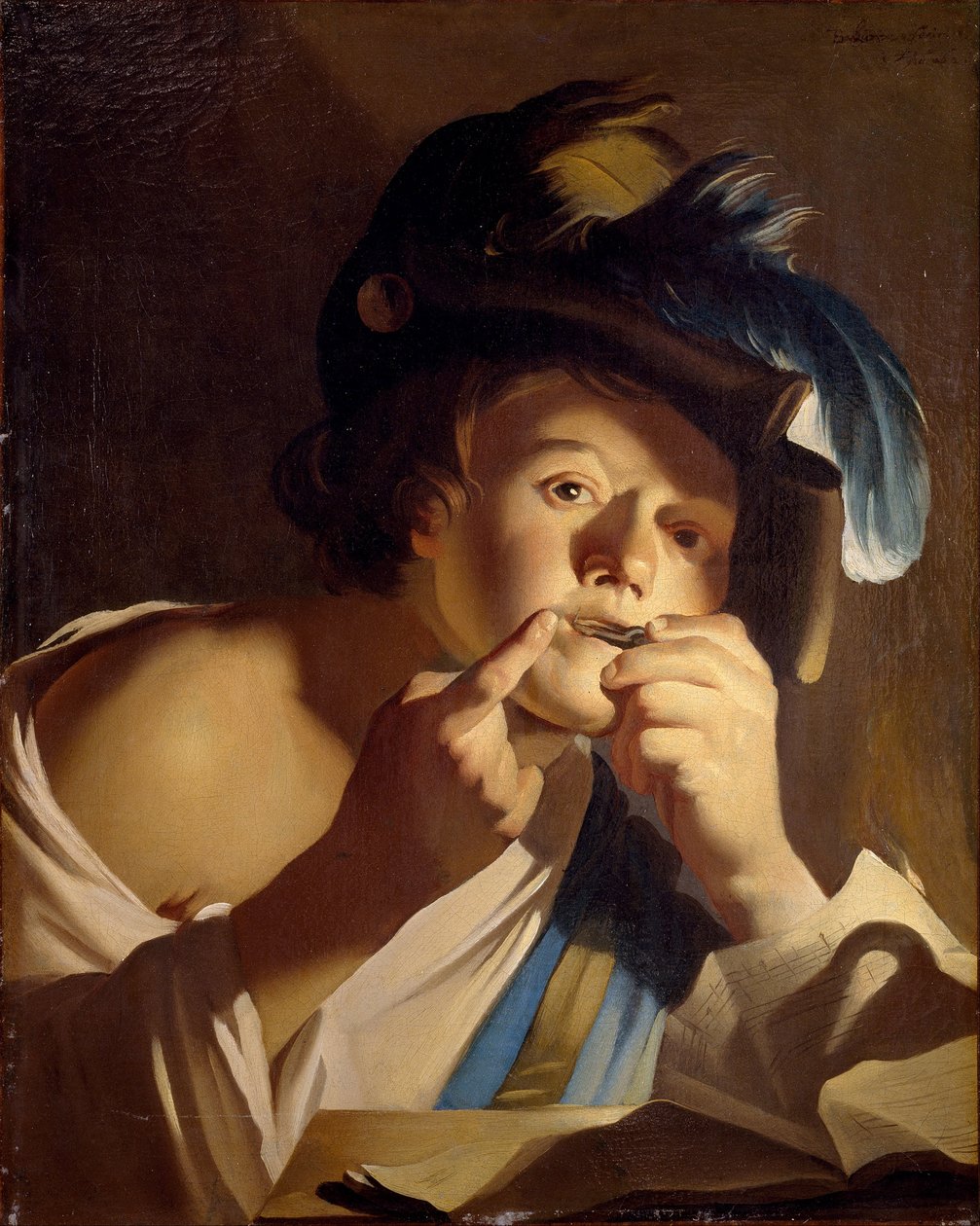 Jonge man met jodenharp door Dirck van Baburen