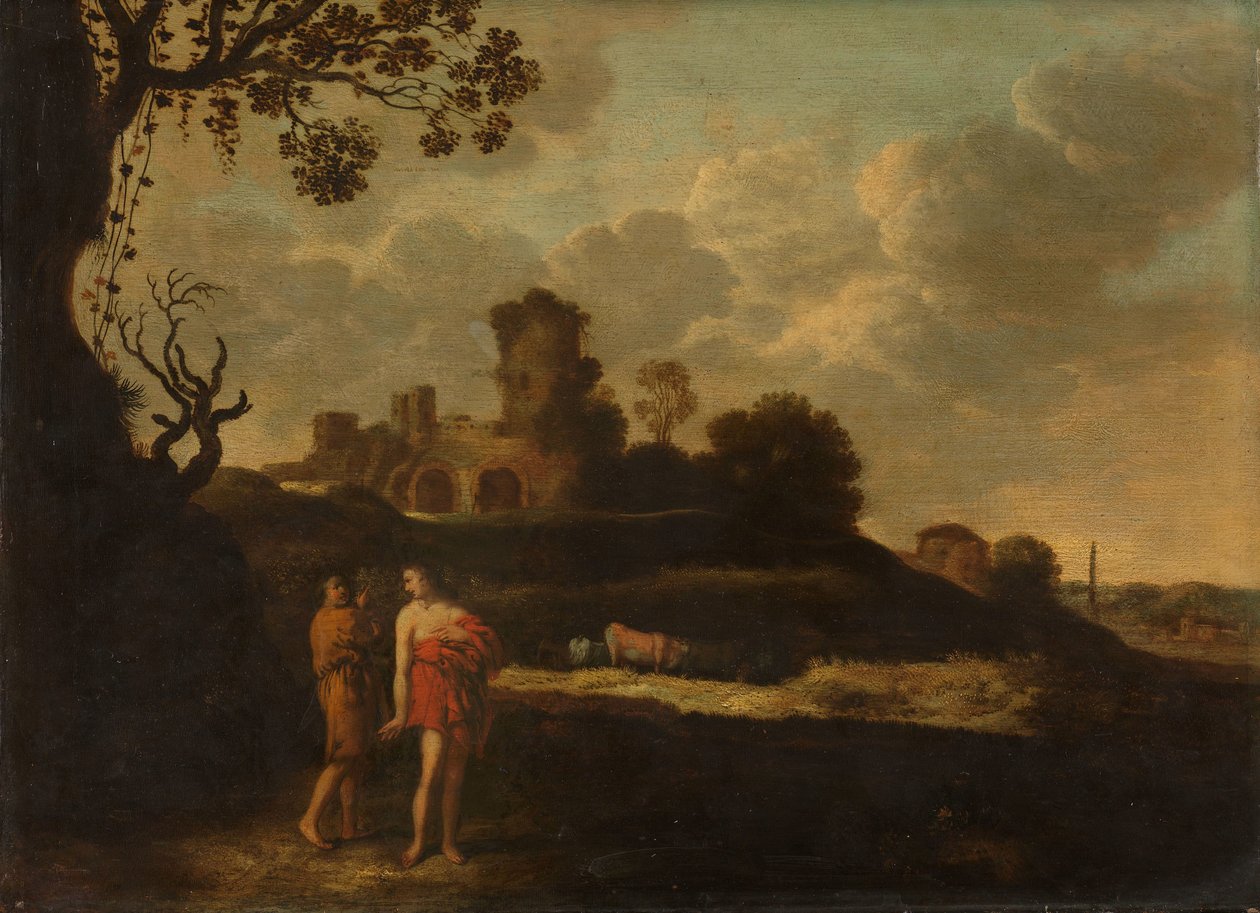 Arcadisch landschap met herders en vee door Dirck Dalens (I)